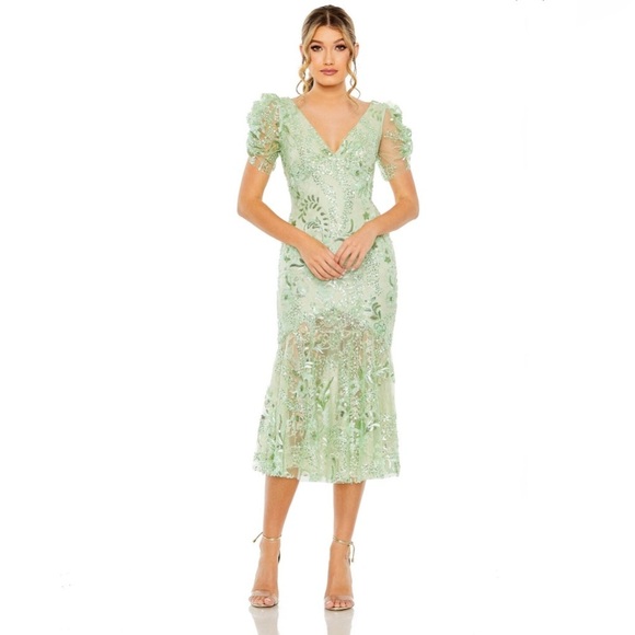 Mac Duggal 68266 Sheer Skirt Puff Sleeve Dress size 6 NWT - Picture 1 of 14